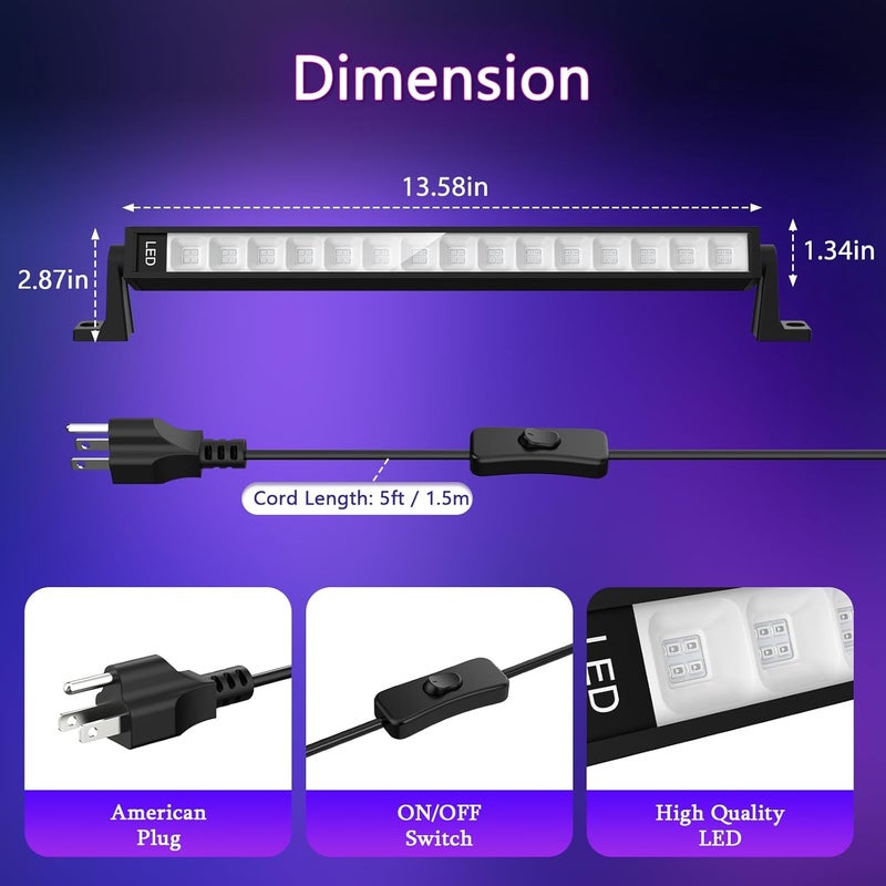 lamvip شريط ضوء أسود LED بقوة 38 واط، أشرطة ضوء أسود مع قابس ومفتاح تضيء منطقة 22x22 قدم لحفلات التألق وحفلات الهالوين وزينة غرف النوم وإضاءة المسرح - عبوة من 2 - Image 5